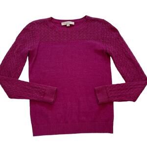 LOFT Cotton Fuchsia/Magenta/Purple Long Sleeve Sweater, Open Knit Sleeves, XS